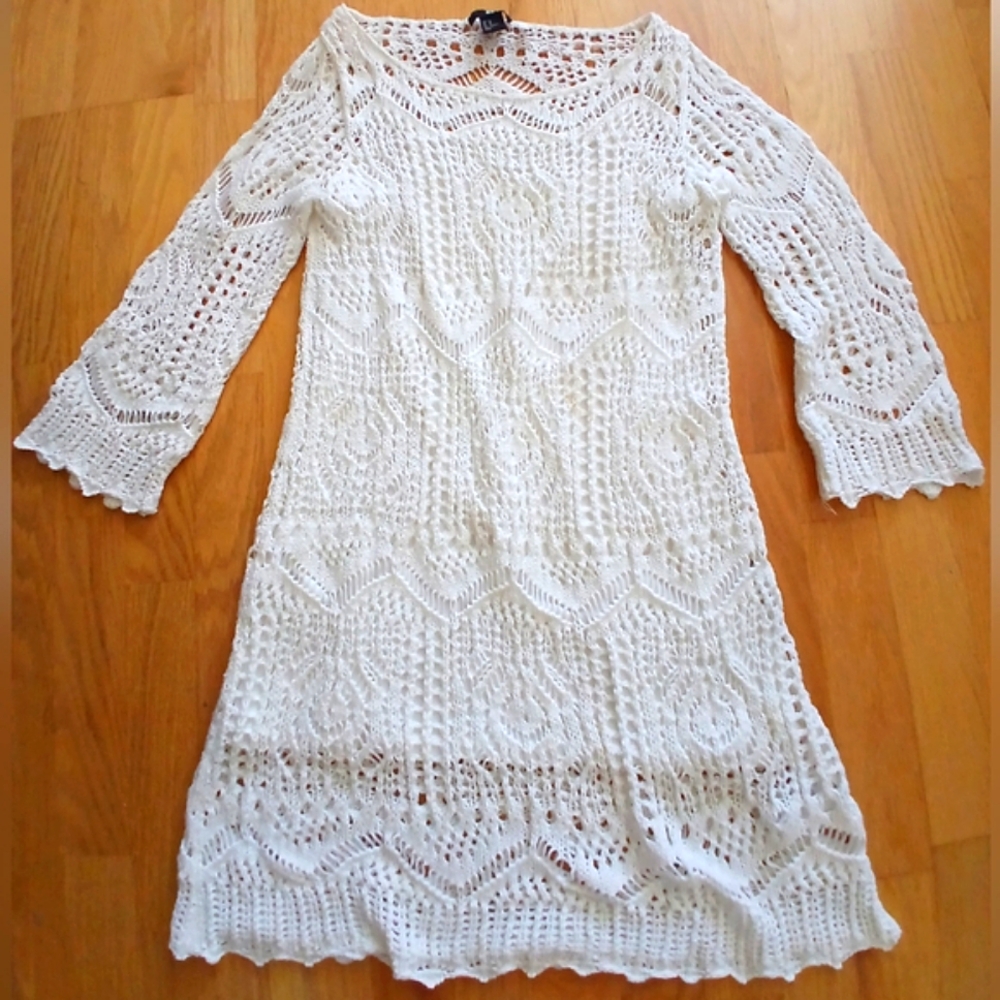 New-Crochet Poly Knit Boho Stretch-Slip Lined Cream/Off White Dress Oversized - Picture 2 of 11